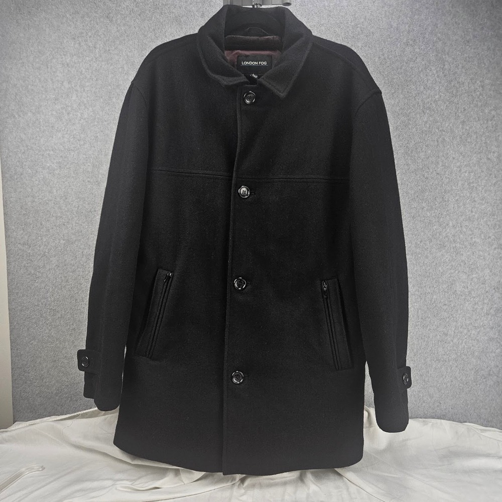 LONDON FOG Wool Black Pea Coat Mens Sz L Quiet Luxury Old Money *Vintage*